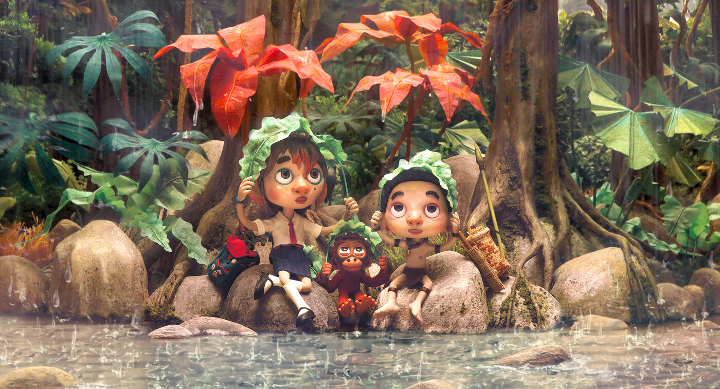 red de jungle kinderen aapje oerwoud schuilen regen