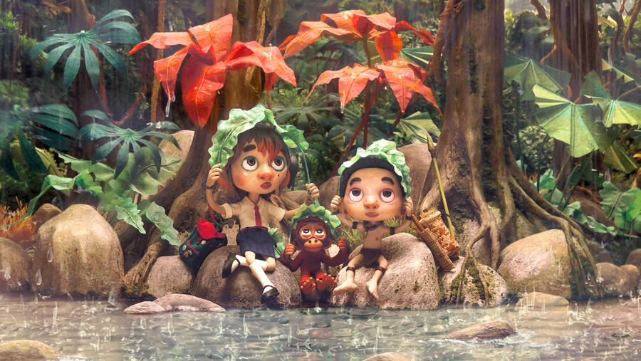 red de jungle kinderen aapje oerwoud schuilen regen